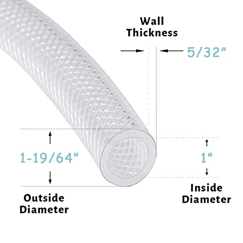 DAVCO 1" ID - 25 ft Heavy Duty Braided Clear Plastic Vinyl Tubing with 2 Stainless Clamps, Flexible High Pressure Reinforced PVC Plastic Tube Hose, Non-toxic, BPA Free - size: 1"ID, style: 25 Feet