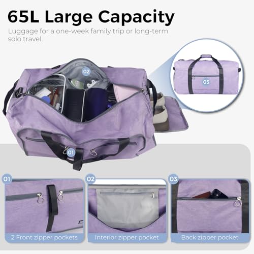 Fmeida 65L Duffle Bag Foldable Travel Duffel Bags for Men Women Travel Bag - color: Textured Purple