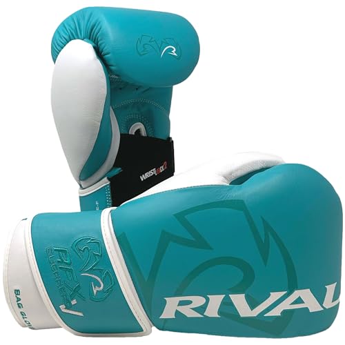 RIVAL Boxing RFX-Guerrero-V Bag Gloves, Multi-Layered Inner Foam Padding (HDEF), Premium Leather, Wrist Lock 2 System - color: Teal/White, size: 8 oz.