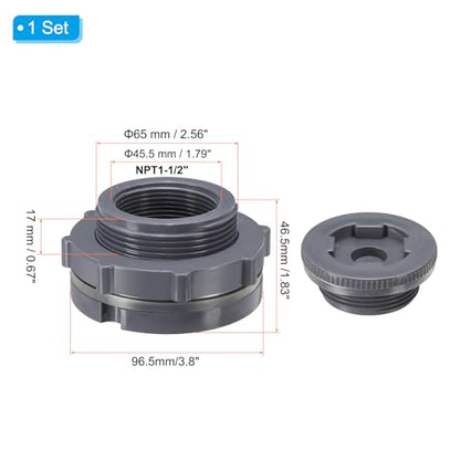 PATIKIL PVC Bulkhead Fitting with Plug NPT1-1/2", Bulkhead Water Tank Connector with Silicone Seal Gasket Garden Hose Fitting with Plug for Rain Bucket, Sinks, Aquariums, Gray