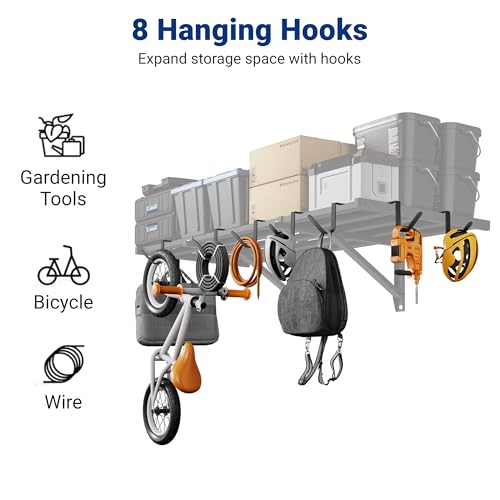 FLEXIMOUNTS 2-Pack 2x4ft Garage Wall Shelving, 8 Hooks, Heavy Duty, Black | Heavy Duty Garage Shelving Wall Mounted, 400lbs Capacity, Storage for Power Tools, Garden Supplies, Storage Bins, Lite Series - size: 2 pack-2x4 ft