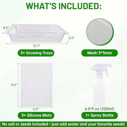 Acrylic Microgreens Growing Trays 3-Pack – Clear Hydroponic Seed Starter Kit with Silicone Mats & Spray Bottle – Reusable Plant Germination Trays for Vegetables, Wheatgrass, Cat Grass – Indoor Garden