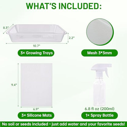 Acrylic Microgreens Growing Trays 3-Pack – Clear Hydroponic Seed Starter Kit with Silicone Mats & Spray Bottle – Reusable Plant Germination Trays for Vegetables, Wheatgrass, Cat Grass – Indoor Garden