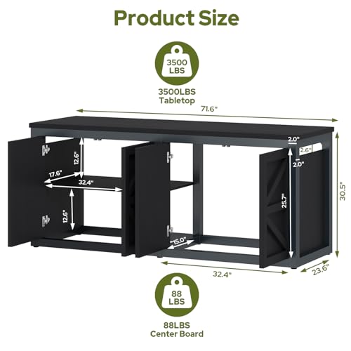 knoworld 180-200 Gallon Fish Tank Stand with Built-in Power Outlet, 71.6" L x 23.6" W Heavy Duty Aquarium Stand with Cabinet Storage, 3500 LBS Steel Frame Terrarium Base for Living Room Display, Black