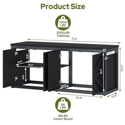 knoworld 180-200 Gallon Fish Tank Stand with Built-in Power Outlet, 71.6" L x 23.6" W Heavy Duty Aquarium Stand with Cabinet Storage, 3500 LBS Steel Frame Terrarium Base for Living Room Display, Black