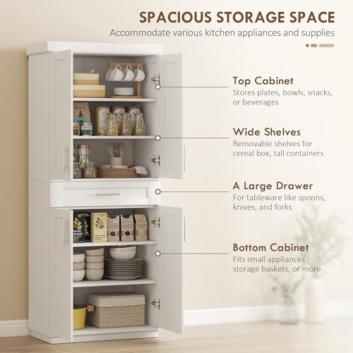 HOMCOM 72" Kitchen Pantry Cabinet, Freestanding Tall Storage Cabinet with 4 Doors, Drawer and 3 Adjustable Shelves for Dining Room, White - color: White