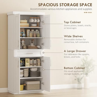 HOMCOM 72" Kitchen Pantry Cabinet, Freestanding Tall Storage Cabinet with 4 Doors, Drawer and 3 Adjustable Shelves for Dining Room, White - color: White