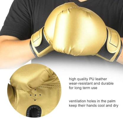 HERCHR Boxing Gloves, PU Leather Taekwondo Gloves Professional Fighting Children Boxing Training Gloves Thickened Punching Sparring Training Mitts for Kids - color: gold