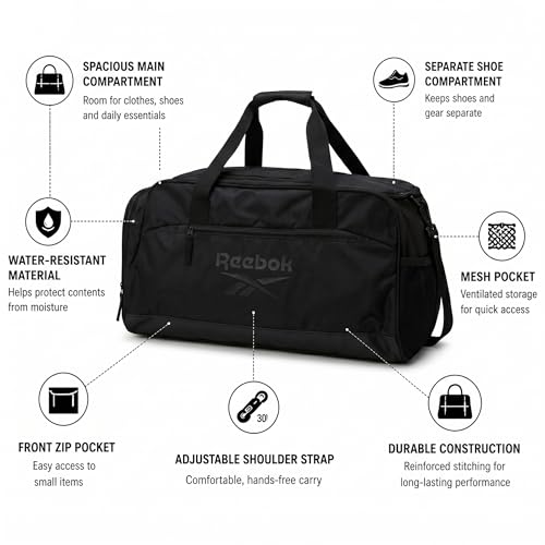 Reebok Lightweight Unisex Carry On Gym Duffle Bag for Men & Women, Sports - color: Hamilton Black
