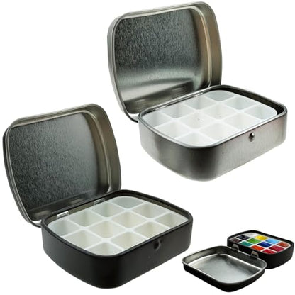 2 Pack 12 Wells Empty Watercolor Palette, Mini Metal Tin Palette with Lid, Portable Travel Paint Container for Artists & Outdoor Painting