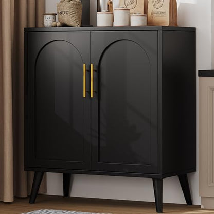 15.7" D Black Buffet Cabinet with Storage, Accent Buffet Sideboard with Adjustable Shelf and Solid Wood Legs, Modern Floor Storage Cabinet for Kitchen, Living Room, Black
