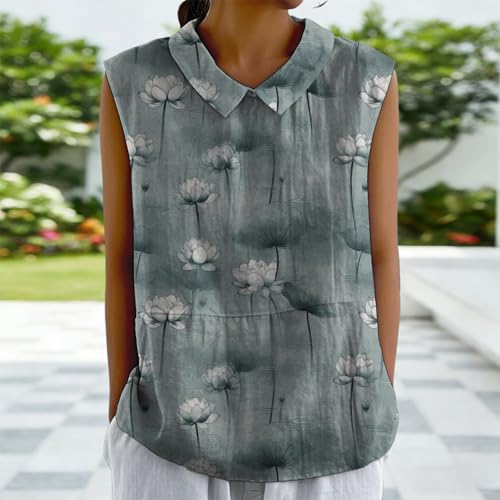 domirica Graceful Japanese Art Pattern Sleeveless Collared Tank Top Soft Casual Boho Sleeveless Tshirts for Women - color: Lotus-f, size: Medium