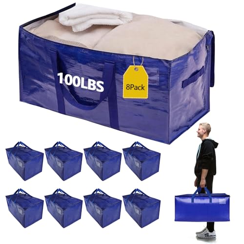 8 Pack Waterproof Moving Storage Bags, 100 lbs Extra Large Heavy Duty Totes with Reinforced Handles & Strong Zippers, Reusable Moving Box Alternative for Packing Moving Household Storage, 95L, Blue - color: Blue, size: 8 Pack-1