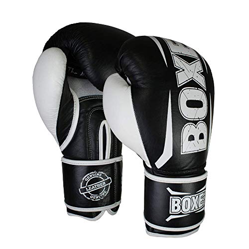 Boxing Gloves | Genuine Cowhide Real Leather | Muay Thai, Kickboxing, Sparring & Training | Pro Punching Gloves for Men & Women - color: BLACK/WHITE, size: 8OZ