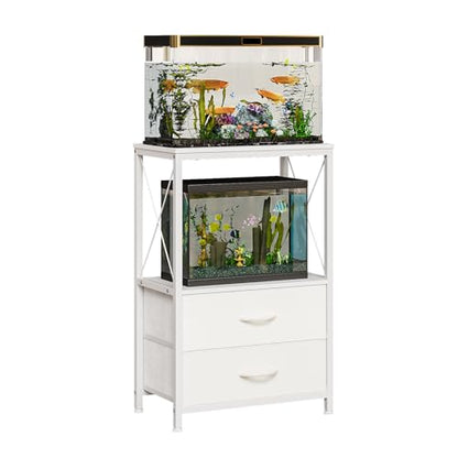 Fish Tank Stand 10 Gallon with 2-Tier Shelf, Aquarium Stand with 2 Drawers, Metal Frame Heavy Duty Reptile/Turtle Tank Stand for Home Office, Fish Tanks Accessories Storage, White