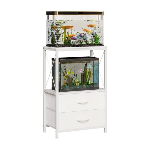 Fish Tank Stand 10 Gallon with 2-Tier Shelf, Aquarium Stand with 2 Drawers, Metal Frame Heavy Duty Reptile/Turtle Tank Stand for Home Office, Fish Tanks Accessories Storage, White - color: White