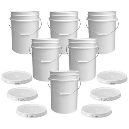 5 Gallon Bucket - Food Grade Bucket with Airtight Gasketed Tear Strip Lid, BPA-Free, Heavy-Duty 90 Mil HDPE Plastic Pail, Bulk Storage, Durable Container, Made in USA - White, 6 Packs