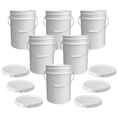 5 Gallon Bucket - Food Grade Bucket with Airtight Gasketed Tear Strip Lid, BPA-Free, Heavy-Duty 90 Mil HDPE Plastic Pail, Bulk Storage, Durable Container, Made in USA - White, 6 Packs