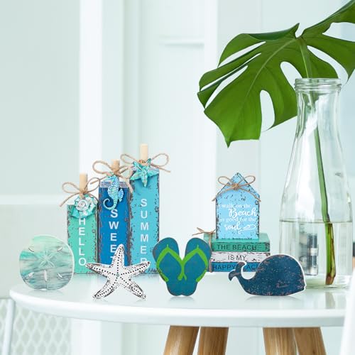 11 Pcs Summer Beach Table Decorations Ocean Tiered Tray Decor Summer Centerpiece Decorative Wood Books Table Top Decor Starfish Wooden Sign for Home Party Supplies (Ocean) - style: Ocean