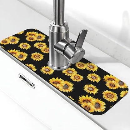Faucet Draining Mat For Kitchen Sink, Sunflower Flower Black Diatom Mud Absorbent Drain Pad For Bathroom Kitchen Sink Splash Guard Drying Mat - color: Sunflower Flower Black