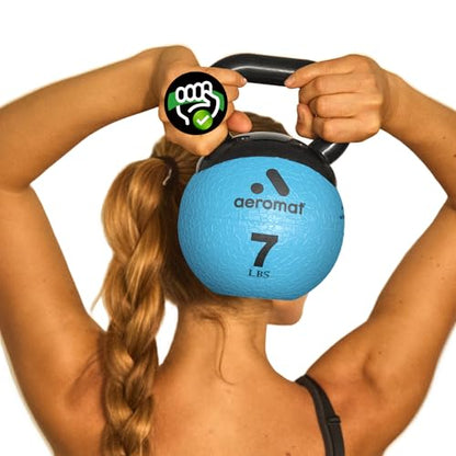 Aeromat Elite Mini Kettlebells – Weighted Exercise Medicine Ball with Anti-Slip Grip & Wide Handle, Strength Training Kettlebell for Squats, Workouts, & Home Gym Use - style: 7 LB - Light Blue
