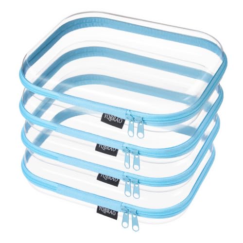 YQBRAO Clear Hard Shell Zipper Cases, 4 Medium Makeup Organizers, Blue | Rigid 1.2 mm PET and YKK dual zippers for skincare, toiletries, chargers, notebooks and daily essentials - color: Blue, size: 4 Pack(M)