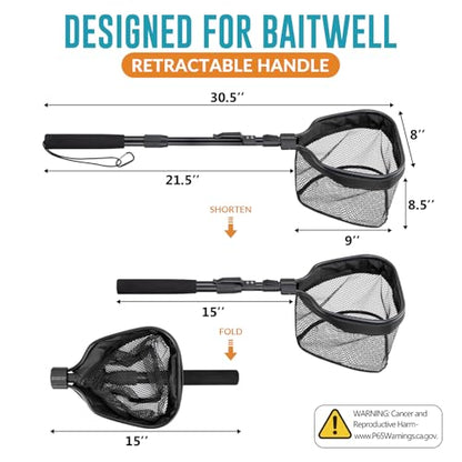 Floating Bait Net – Aluminum Livewell Net, 8" Hoop, 15"–21" Handle, Soft Mesh, EVA Grip, Belt Hook & Anti-Drop, for Minnows, Sardines, Herring – Telescopic & Collapsible Baitfish Net