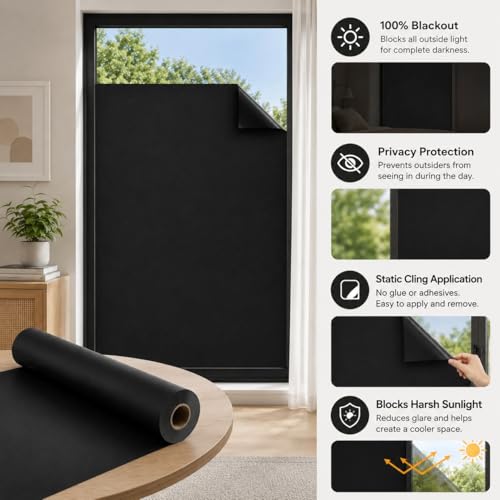 Window Darkening Film Static Cling Window Film Non Adhesive Frosted Glass Film Sun Blocking Room Privacy Window Tint for Home Office Bathroom - color: Black