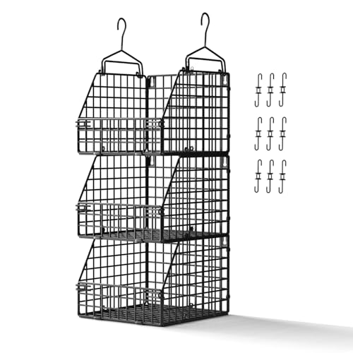 Larger & Deeper Hanging Storage Basket, Closet Organizers and Storage, Hanging Shelves Wire Baskets for Clothing Sweaters Purse Handbags Shoes Black 3 Tier - color: Black-3pcs (Big)