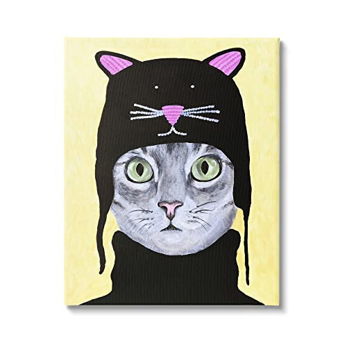 Stupell Industries Adorable Grey Cat Wearing Hat Black Turtleneck Yellow Background, Design by Coco de Paris - size: 30"L x 40"W