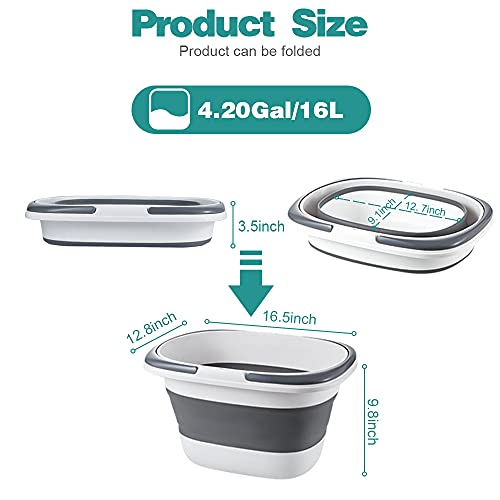 4.2 Gal(16L) Large Collapsible Plastic Bucket with Handle for House Cleaning, Space Saving Outdoor Multiuse Foldable Water Pail/Sink for Camping,Fishing,Ice(Grey)