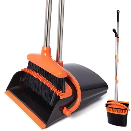 Broom and Dustpan Set with Long Handle, Light Weight Stainless Steel Poles Stand Upright Dustpans with Broom Combo for Home Kitchen Office Pet Dog Hair, Black & Orange Color, 1-Pack - color: Orange