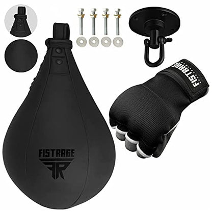 FISTRAGE Speed Ball Boxing Hand Wraps MMA Muay Thai Training Punching Dodge Striking Bag Leather Kit Hanging Swivel Workout Speedball Kicking with Mitt (Black) - color: Black, size: Large-X-Large