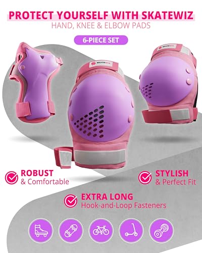 SKATEWIZ Skateboard Pads Protective Gear Set for Kids and Adults - Smash - Roller Skate Pads [6pc] with Wrist Guards - Skating Protective Gear - Roller Derby - color: Pink Purple, size: M/L - Kids/Teens