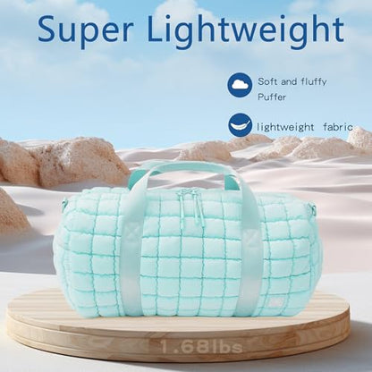 Quilted Gym Bag for Women,Duffle Bag for Travel with Wet Pocket,Carry on Weekender Bags for Women,Travel Bag with Shoe Compartment (Ice blue) - color: Ice blue
