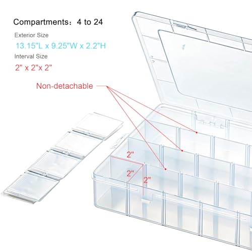 24-Grid Large Plastic Storage Box with Removable Dividers, Multi-compartment Organizer for Home, Office, Crafts, or School Supplies (2, Large)