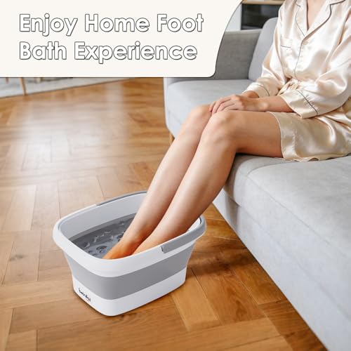 Collapsible Foot Bath Basin for Soaking Feet,Foot Soak Tub,Plastic Foot Bucket with Handles and Massage Acupoint,Foldable Laundry Basket-Gery