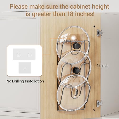 2 Pack Pot Lid Organizer Rack for Cabinet Door, 6-Tier Pot Lid Holders inside Cabinet, No Drilling Adhesive Wall Door Mounted Rustproof Pots and Pans Cover Organizers for Kitchen Storage, Black