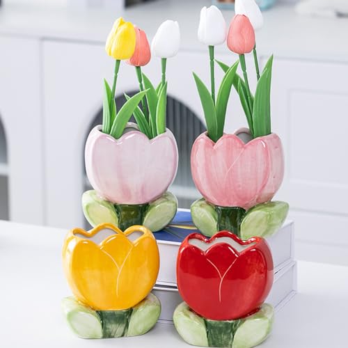 TANG SONG Ceramic Tulip Make up Brush Holder Flower Cosmetic Storage Box Pen and Pencil Holder Desktop Organizers (Yellow)