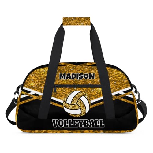 Custom Volleyball Bag with Name, Gold Sequins Glitters with Black | Personalized Sports Bag for Teens Waterproof Weekender Carry Training Travel Bag (Not real Glitter) - color: Gold Black