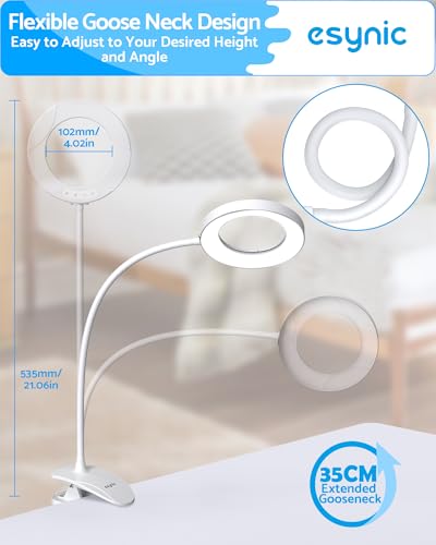 eSynic Desktop Magnifier with Light-40 LEDs- 5 Color Modes-10 Dimmable Brightness-Blue Light Blocking-5X & 10X Magnification-Flexible Gooseneck-Magnifying Lamp with Clamp & Base Stand– for Reading
