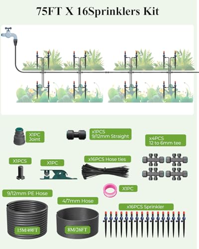 MYMULIKE Drip Irrigation System, 1/2" Main Pipe & 1/4" Branch Pipe, Adjustable Drip Emitters, Automatic Irrigation Kit Garden Watering System for Flower Bed, Raised Beds, Lawn, Greenhouses - size: 75FT