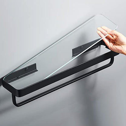 15.7" Bathroom Wall Shelf, Black Shower Caddy Shelves with Tempered Glass, Bathroom Shelves Wall Mounted with Towal Bar, Rectangle Glass Shelf for Shower Organization and Storage (1 Tier)