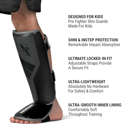 Hayabusa S4 Kids Shin Guards, Muay Thai, MMA, Kickboxing, Martial Arts - color: Charcoal, size: Small-Medium