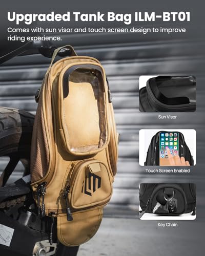 ILM Motorcycle Tank Bag Magnetic 4 Straps Reinforced Fastening Waterproof Touch Screen Phone Pouch Motorbike BT01 - color: Yellow Brown