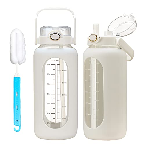 chunmo 42oz/52oz/64oz Glass Water Bolttles with Straw Half Gallon Large Motivational Water Bottle with Time Marker Sports Water Bottles with Silicone Sleeve and Handle Lid Water Jug for Gym Workout - color: White, size: 52 Ounces