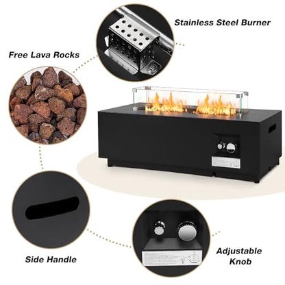 42-inch Outdoor Propane Gas Fire Pit Table 50000 BTU Iron Rectangle Firepit for Outside Patio with Tank Hidden Table, Wind Guard, Removable Lid, Lave Rocks, Waterproof Cover, Balck - size: 42"D