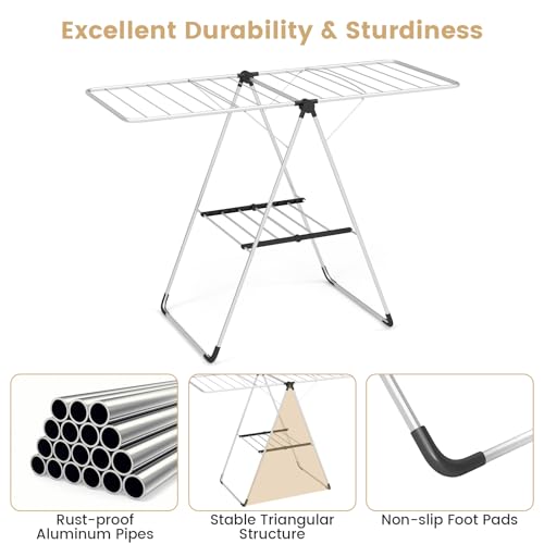 Tangkula 2-Level Collapsible Clothes Drying Rack w/Height-Adjustable Wings | Light-Weight Aluminum | Bottom Shoe Rack | No Assembly | Foldable & Space-Saving| for Laundry Room, Balcony, Patio | Silver
