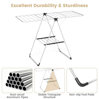 Tangkula 2-Level Collapsible Clothes Drying Rack w/Height-Adjustable Wings | Light-Weight Aluminum | Bottom Shoe Rack | No Assembly | Foldable & Space-Saving| for Laundry Room, Balcony, Patio | Silver