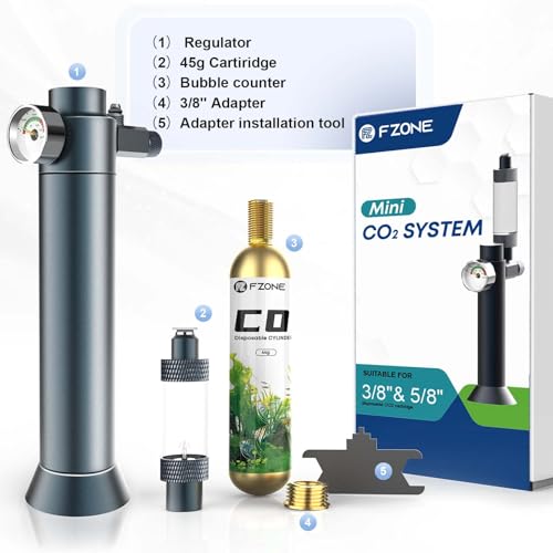 FZONE Desktop Aquarium CO2 System, CO2 Regulator with 45g Disposable CO2 Cartridge, Compatible with 5/8" and 3/8" Threaded Interfaces, Perfect for Nano Aquariums